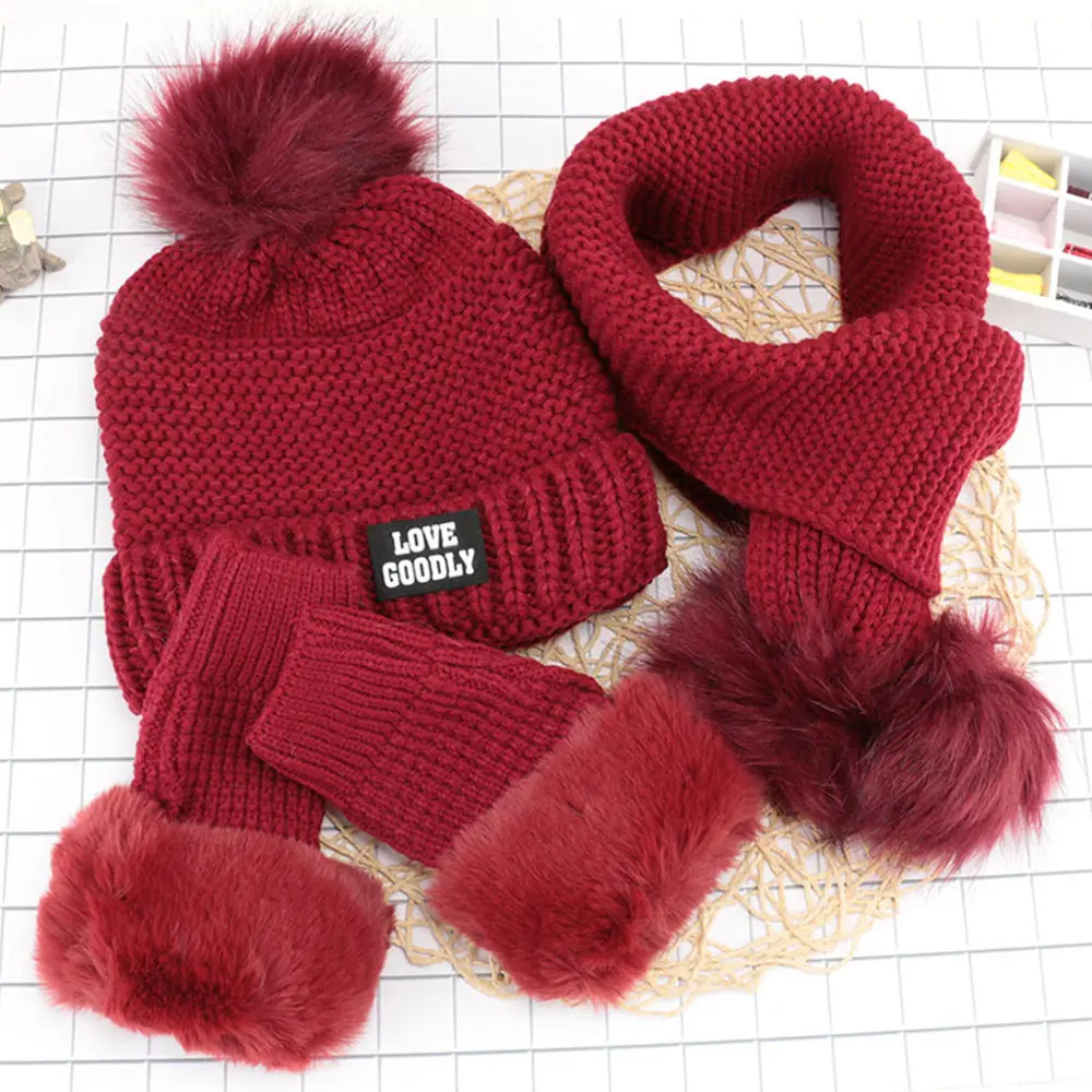 

3Pc Female Scarf And Hat Gloves Set Winter Wool Knit Warm Plus Velvet Padded Earmuffs for Children Boys Girls Fashion Casual