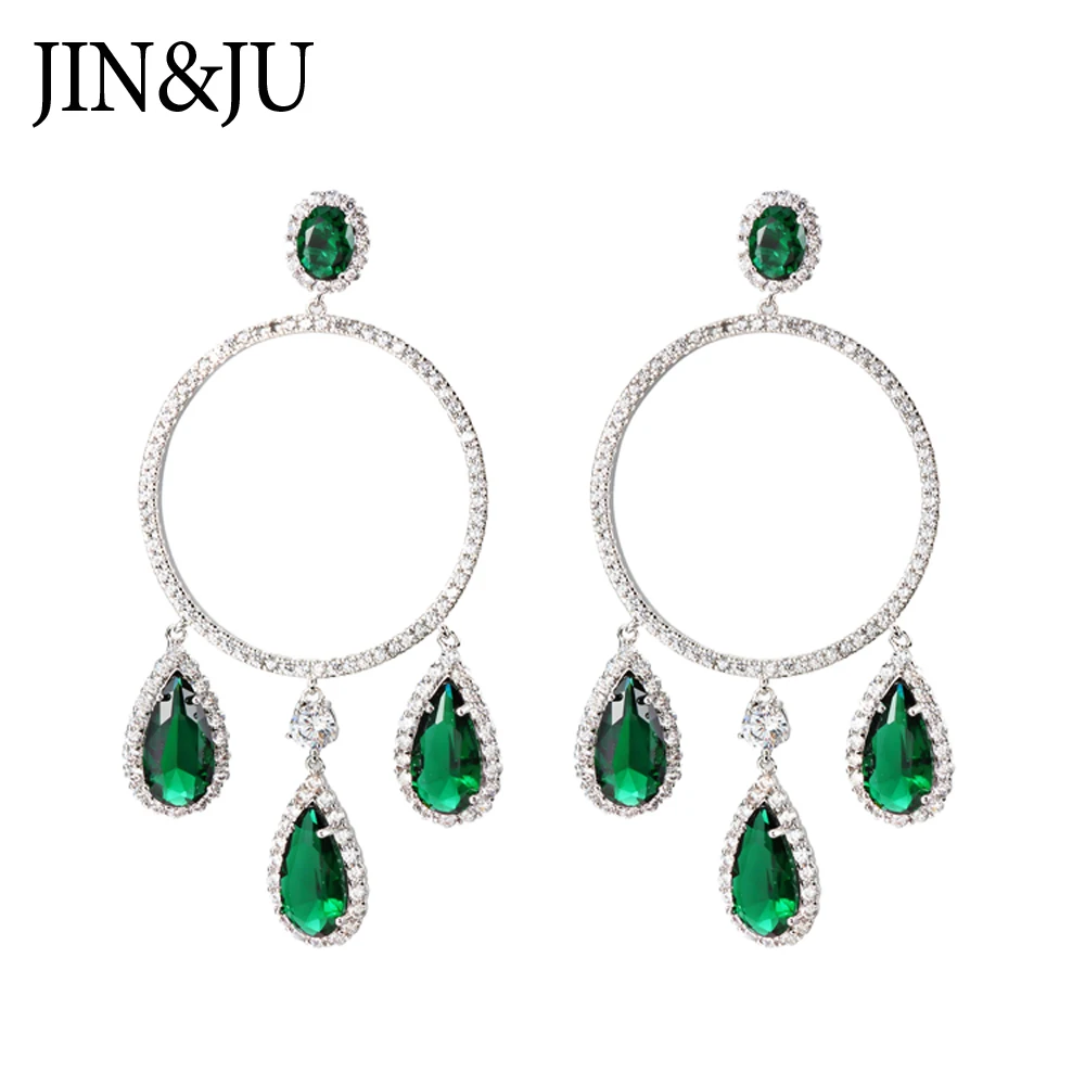 

JIN&JU Women Jewelry Fashion Cubic Zirconia Earrings For Womens Round Dangle Waterdrop Green Stones Womens Accessaries
