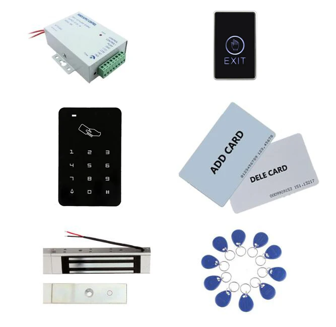 Access control kit,standalone access control+ power+180kg magnetic lock+exit button+2pcs manage card, 10 keyfob ID tags,sn:set-3 access control systems proximity card waterproof standalone access control power supply magnetic lock exit button 10pcs rfid key
