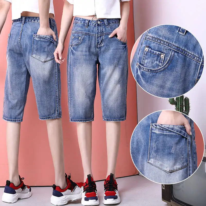 

Summer High Waist Boyfriend Jeans For Women Capris Casual Knee Length Ripped Jeans Short Harem Pants Denim Ladies Jeans C5356