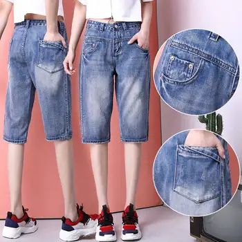 

Summer High Waist Boyfriend Jeans For Women Capris Casual Knee Length Ripped Jeans Short Harem Pants Denim Ladies Jeans C5356