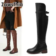 ZawsThia/ г. Женская зимняя обувь женские ботинки для верховой езды в стиле панк из PU искусственной кожи на толстом низком каблуке удобные свободные сапоги до колена