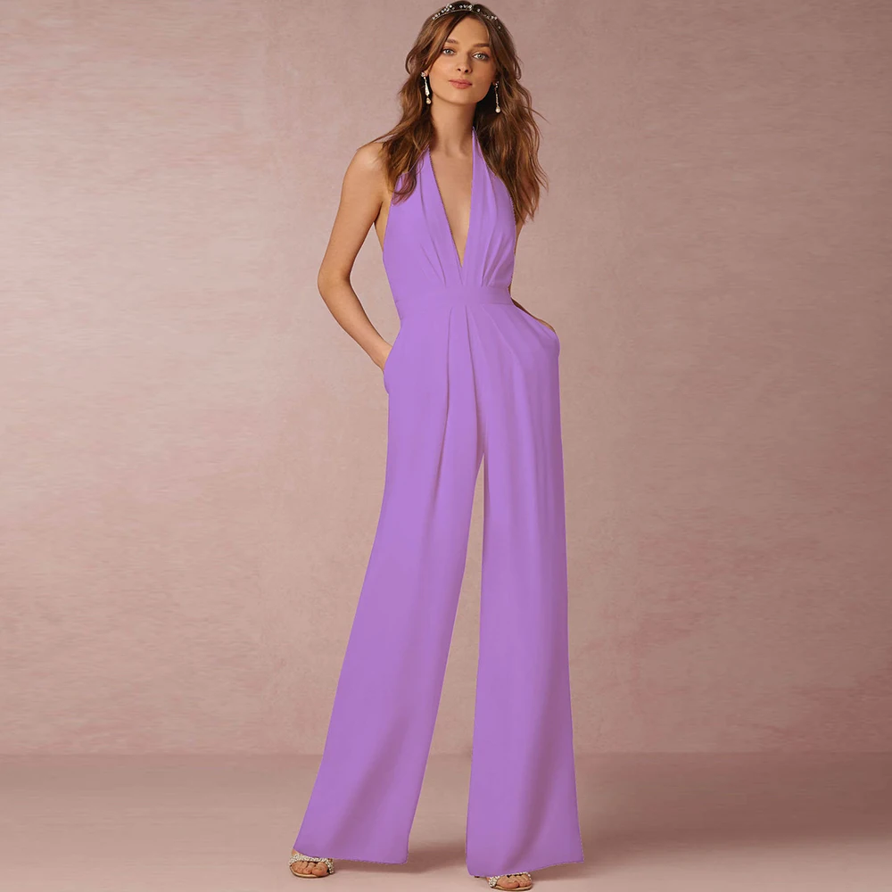 Elegant Long V-neck Sleeveless Bodycon Wide Leg Backless Jumpsuits Romper