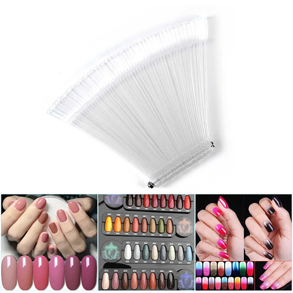 

50PCSTransparent Nail Swatches Sticks Fan-shaped Nail Art Tips Nail Polish Display Board Practice Sticks With Metal Screw Holder