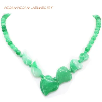 

Charms Strand Necklace For Women Green Natural Jades Chalcedony Heart Leaf Pendant Necklace 6mm Round Stone Jewelry 18inch B3394