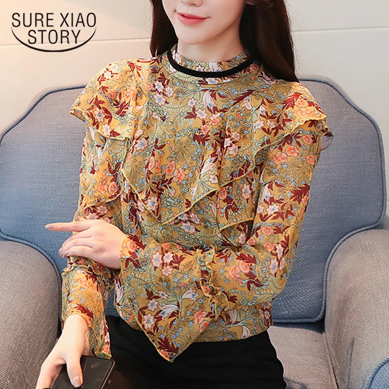 

2018 new spring women blouses long sleeved blouses casual fashion sweet women clothing floral o-neck chiffon shirts D516 30
