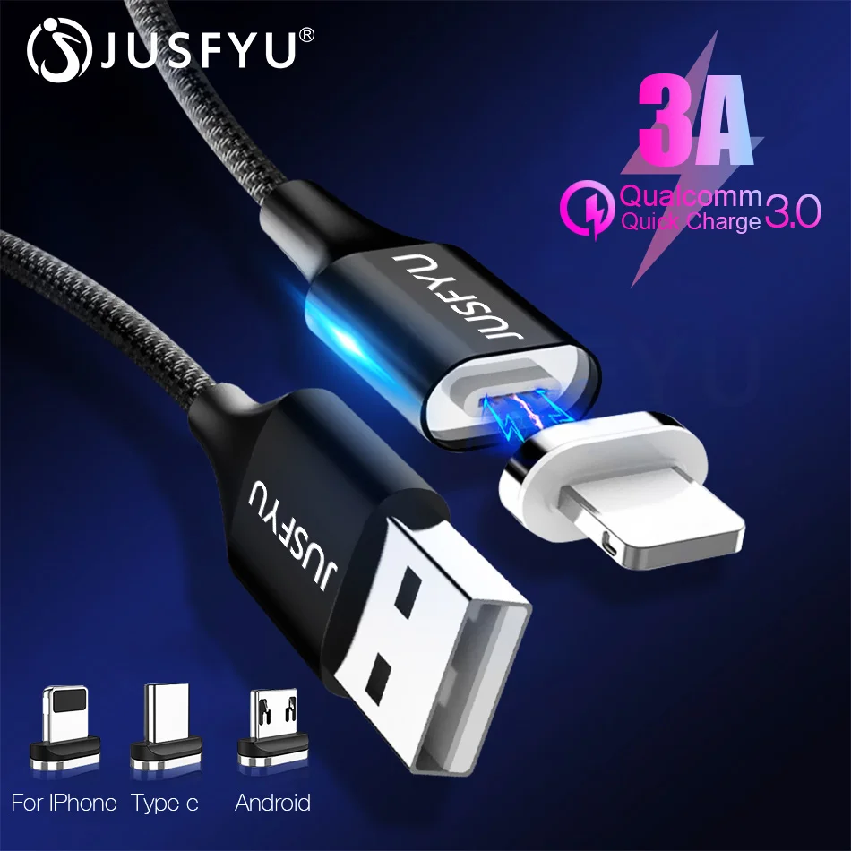 

JUSFYU 3A Magnetic USB Cable Fast Data Charging Cable for iPhone Xs Max X Magnet Charger Micro USB Type C Cable for Samsung S10