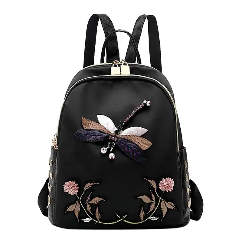 Изящная стрекоза с цветочной вышивкой ручной работы, женский рюкзак из ткани Оксфорд для девочек-подростков, женский черный рюкзак из ткани Оксфорд