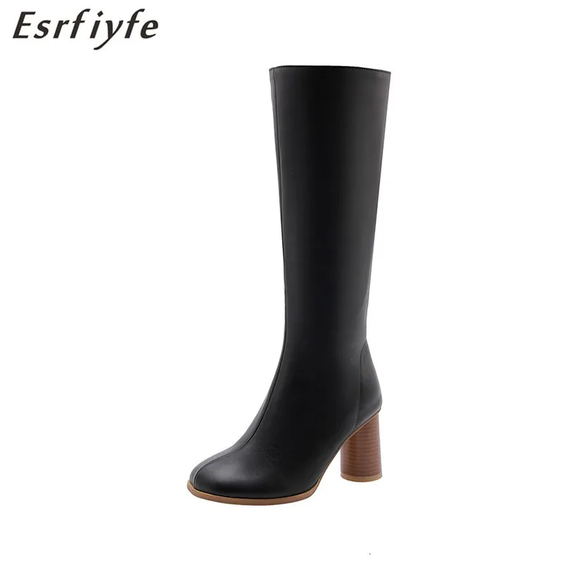 ESRFIYFE/ г. Новые модные женские сапоги до колена на высоком каблуке Офисная женская модельная обувь из искусственной кожи осенние сапоги женские большие размеры 34-48 - Цвет: Черный