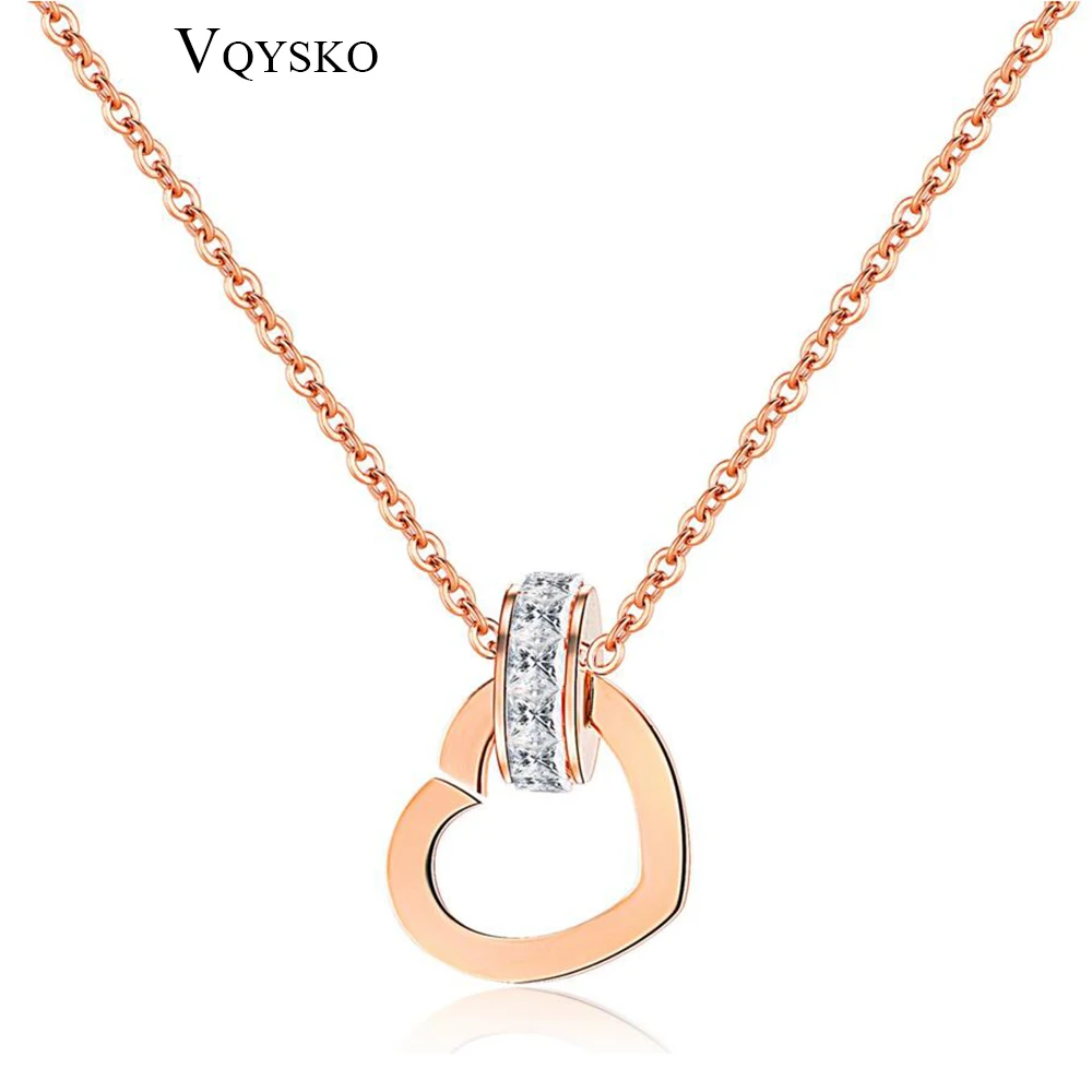 

New Arrival Europe Style Women Girl Gift Cubic Zircon Heart Pendant Necklace Rose Gold Stainless Steel Chain Jewelry