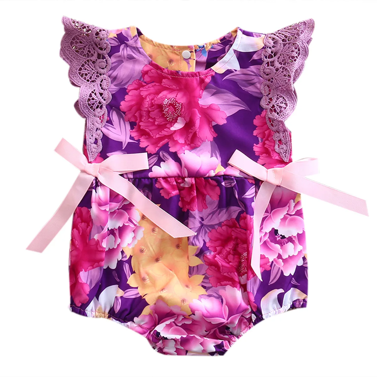 Summer 2017 Purple Lace Newborn Baby Girl Flower Romper bow knot