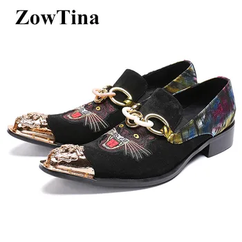 

Metal Pointed Toe Men Formal Dress Oxford Shoes Slip On Chains Zapatos Hombre Black Real Leather Business Wedding Flats Creepers