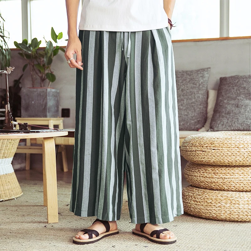 Брюки-кимоно мужские в полоску прямые повседневные штаны с широкими штанинами