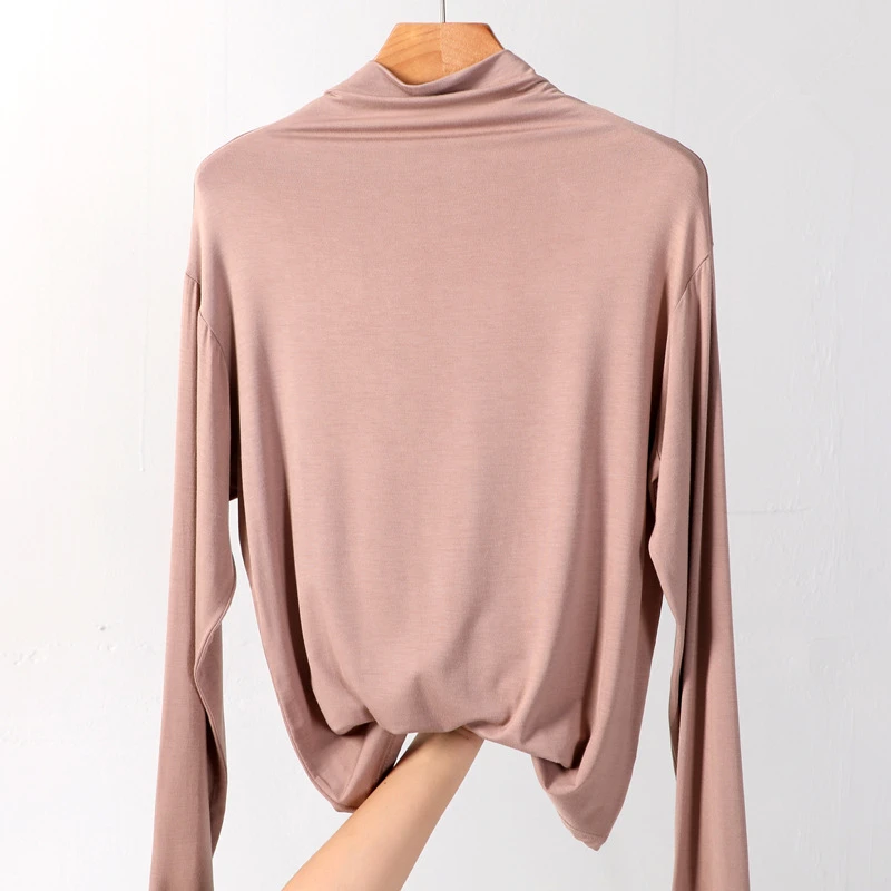 100% cotton long sleeve Solid Turtleneck t-shirt women high stretch slim tops spring autumn skinny