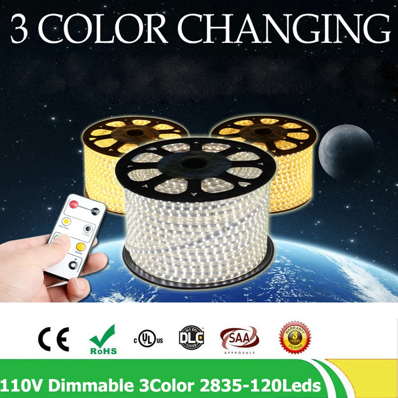 

30m/lot 3 Color Change Dimming Led Strip Light 120leds/m AC110v 220v SMD2835 Dimmable Flexible Tape Light Waterproof Controller