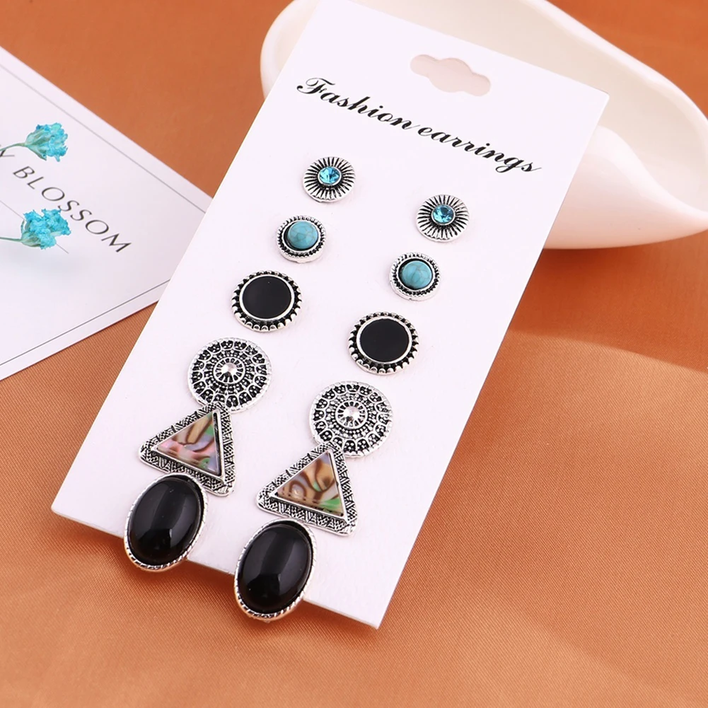 

6 Pairs Vintage Bohemian Geometric Rhinestone Earrings Set for Women