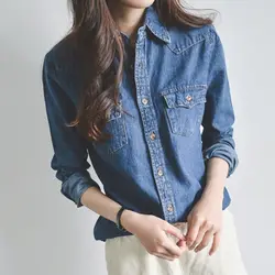 2019 Весна Новый 100% хлопок джинсовая женская блузка джинсовая синяя с длинными рукавами кнопка тонкий женские рубашки Элегантный