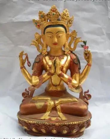 

19"Tibet Buddhism Bronze Gild 4 Armed Kwan-Yin Bodhisattva Royal Temple Statue