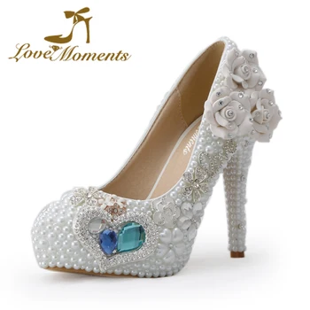 

Love Moments White pearl wedding shoes rhinestone ultra high heels platform woman pumps handmade shoes for Prom Blue Crystal