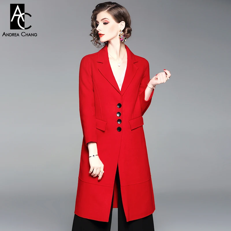 

autumn winter woman outwear overcoat wool coat with pockets notched collar single breasted fashion office long red wool coat