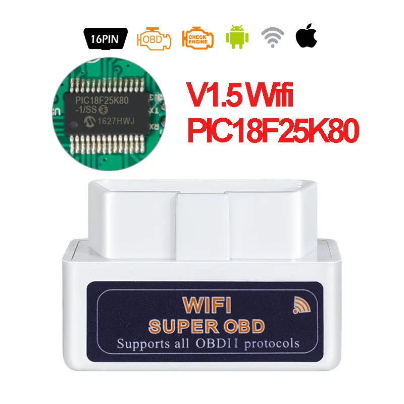 ELM327 V1.5 Bluetooth/Wifi опционально с чипом PIC18F25K80 поддерживает протоколы OBD II ELM 327 OBD2 диагностический инструмент считыватель кода - Цвет: white v1.5 wifi