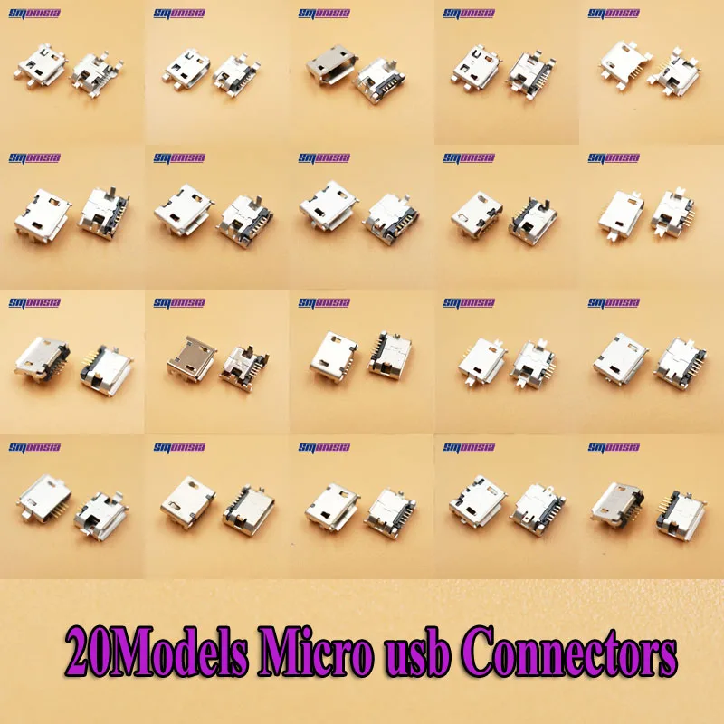 

20Models 200pcs Micro USB DC Jack Connector USB Power Tail Charging Socket Female Plug for ZTE Lenovo Huawei Mobile Phone
