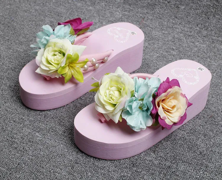 2019 New Flowers Beach Handmade Flip Flops Slippers Online Fashion High Heel Sandals Pink Shoes Womens48