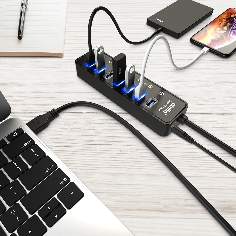 Atolla USB 3,0 концентратор 7 портов USB разветвитель с переключателями+ 1 умный порт зарядки, высокоскоростной USB разветвитель 5 Гбит/с, с адаптером питания