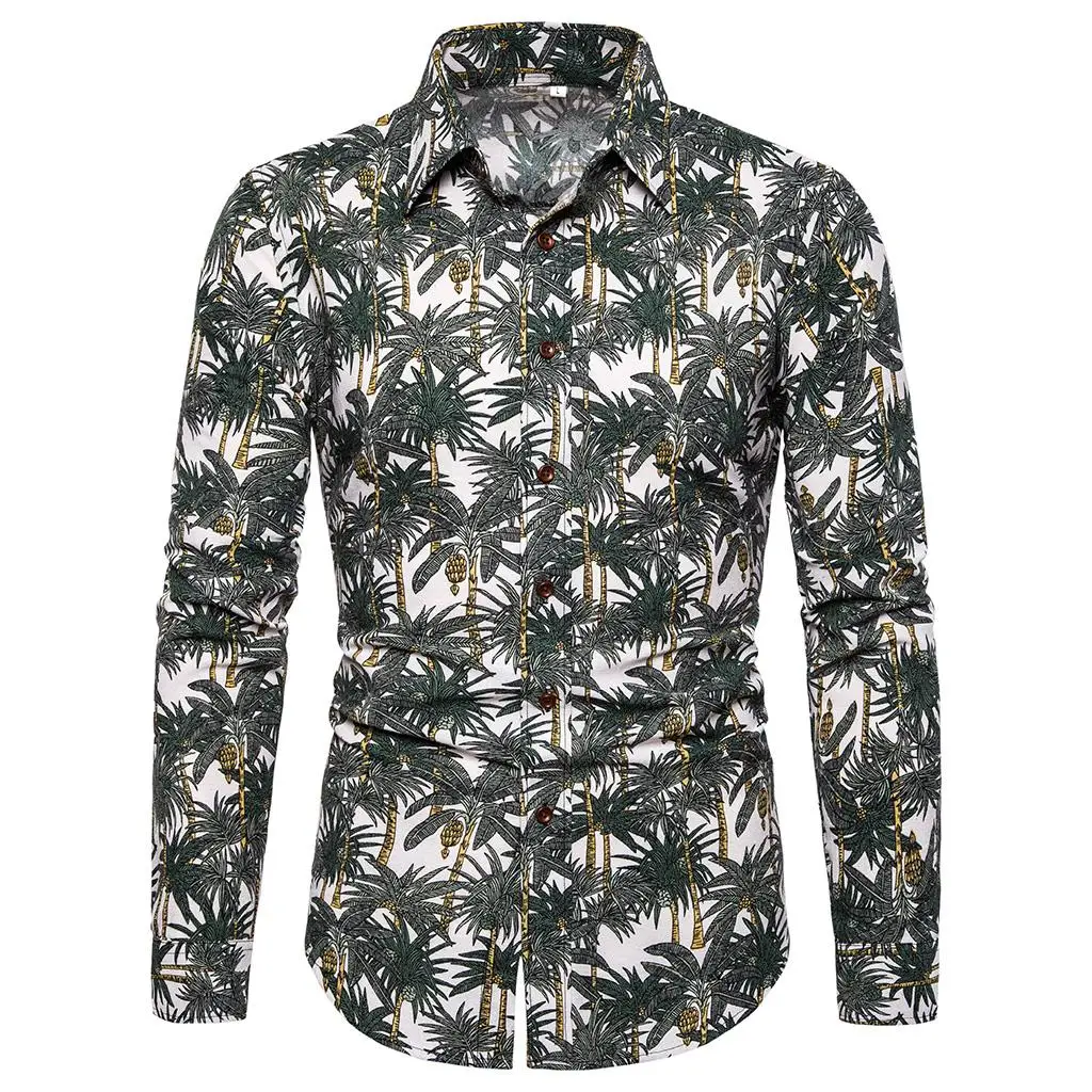 

Linen Shirts Men's clothing Palm tree Long-sleeved Blouse Men Slim Fit Hawaiian Style Men Shirts New arrival