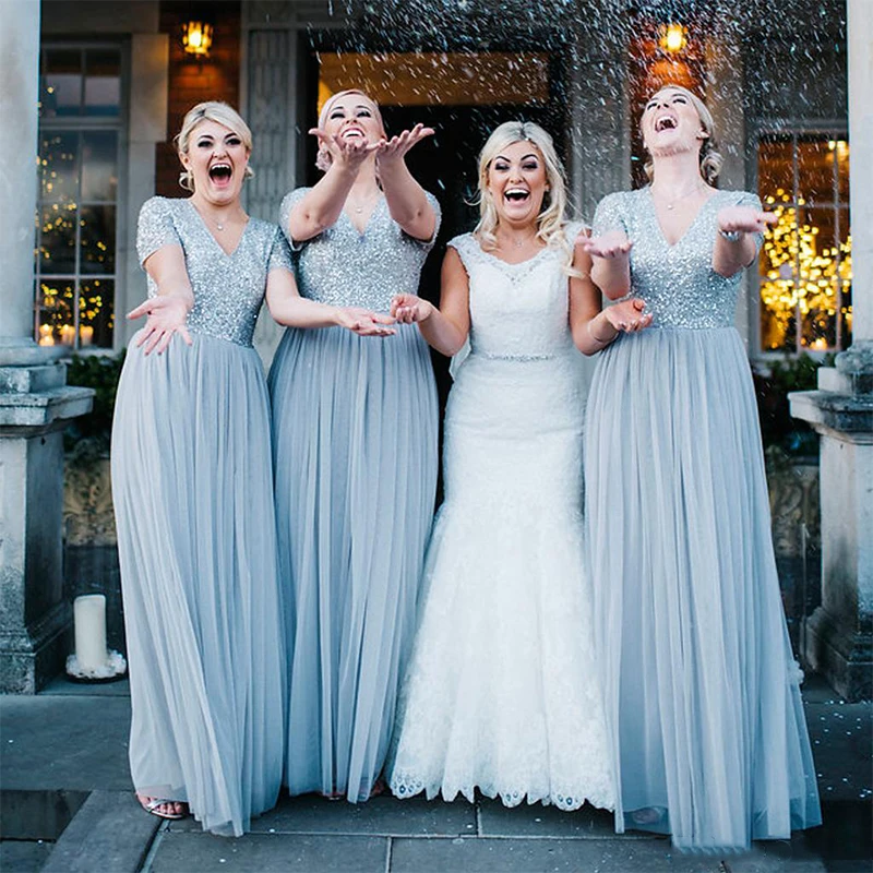 dusty blue long sleeve bridesmaid dresses