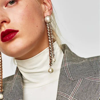 

Fashion Trendy Simulated Pearl Earrings For Women Crystal Long Tassels Boho Drop Dangle Earring Jewelry Brincos