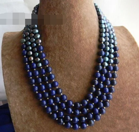 

song voge gem J0061 4Strands 7-8mm Round Lapis lazuli Black Freshwater Pearl Necklace