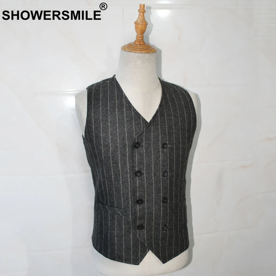 SHOWERSMILE Striped Vest Men Double Breasted Waistcoat Gray Woolen Wedding Suit Vest Gentleman Vintage British Sleeveless Blazer