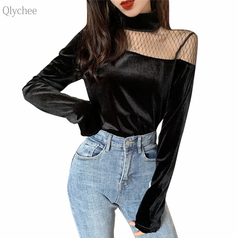 Qlychee сетчатые Лоскутные Бархатные футболки женские с длинным рукавом Водолазка