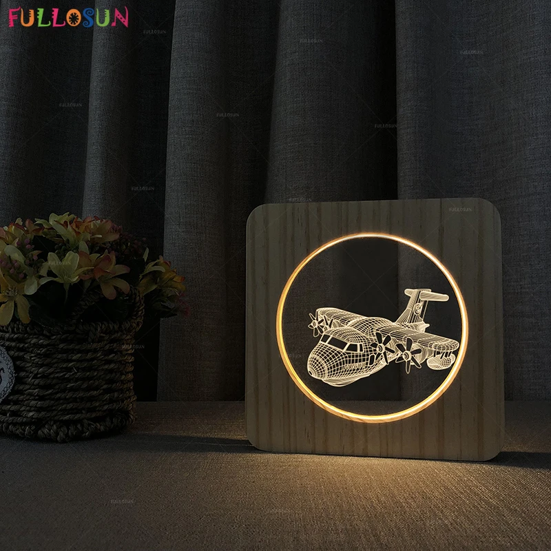 3D Airplane LED Lamp USB Power Decoration Night Light with Wooden Base for Bedroom Night Lamp