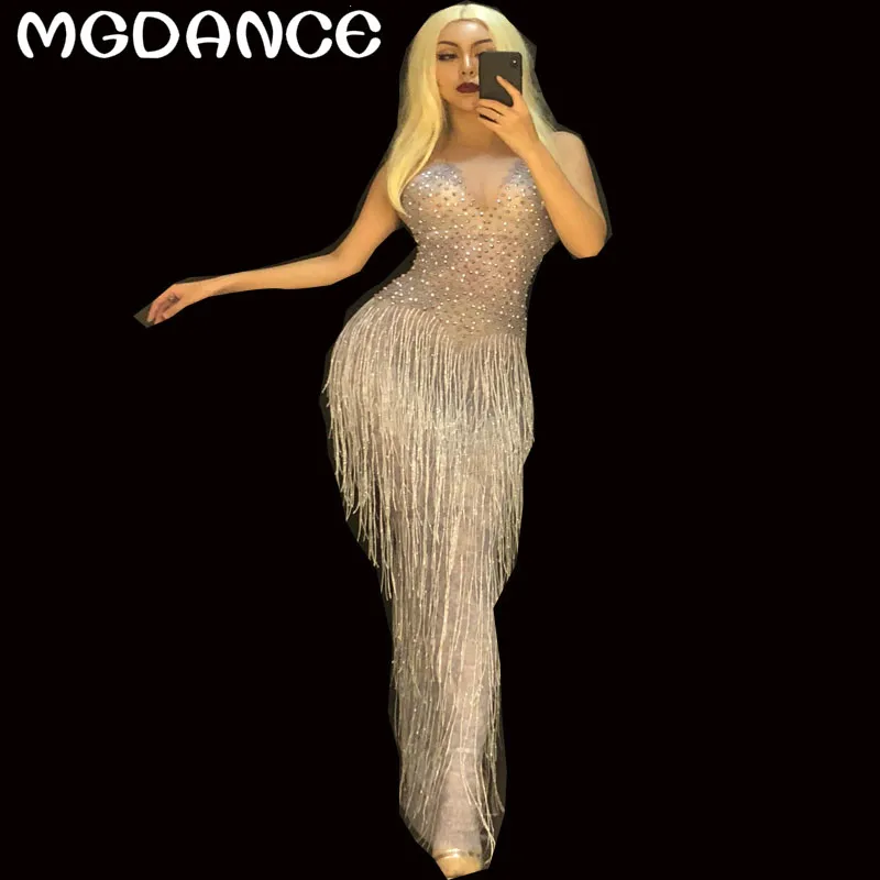 

Hot Sale Women Sexy Glass Rhinestones Tassel See Through Long Dress Women Birthday Party Celebrate Dress Dance Mesh Dresses