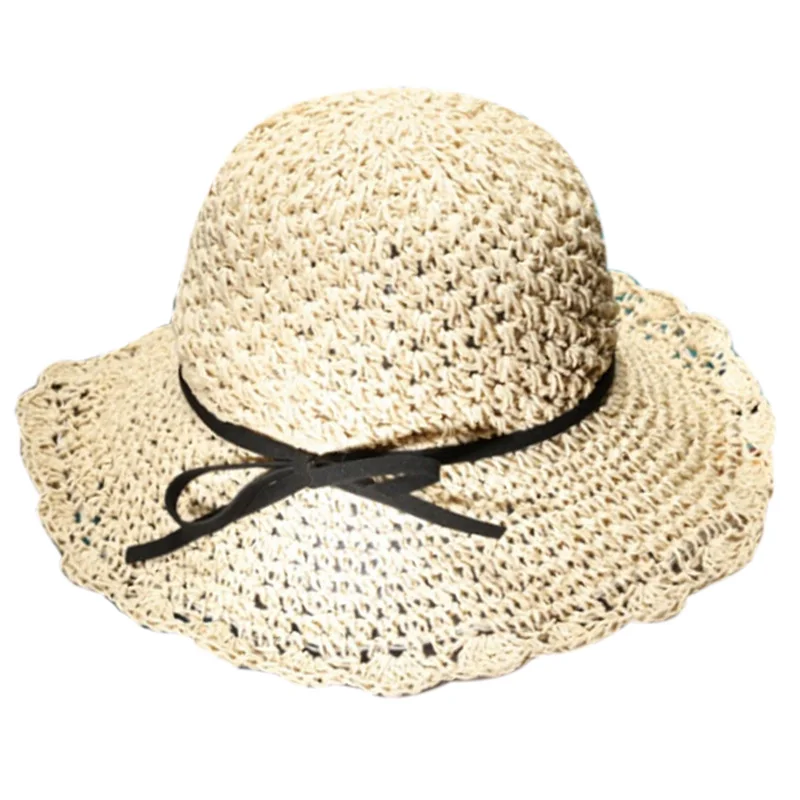 Круглая женская летняя шляпа ручной работы широкие поля, из соломы, модные женские солнцезащитные очки, складная пляжная шляпа в богемном стиле - Цвет: Beige