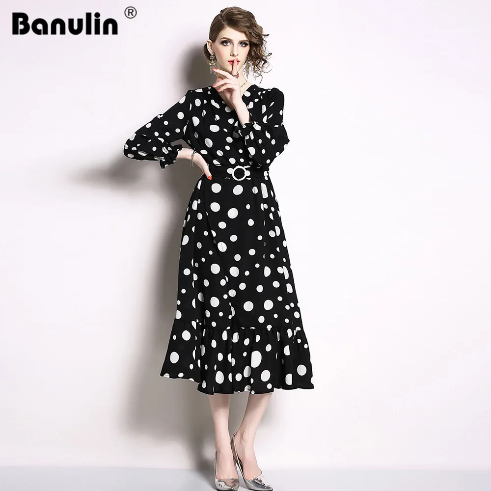 

Banulin Fashion White Print Dot Split Women Long Dress Runway Designer Spring Ruffles Flare Sleeve Dress Sexy V Neck Party Dress