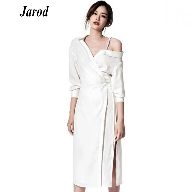 

2019 Runway Spring Women White Split Sheath Dress Sexy Spaghetti Strap Long Sleeve Dress fashion Casual Slim Off Shoulder party