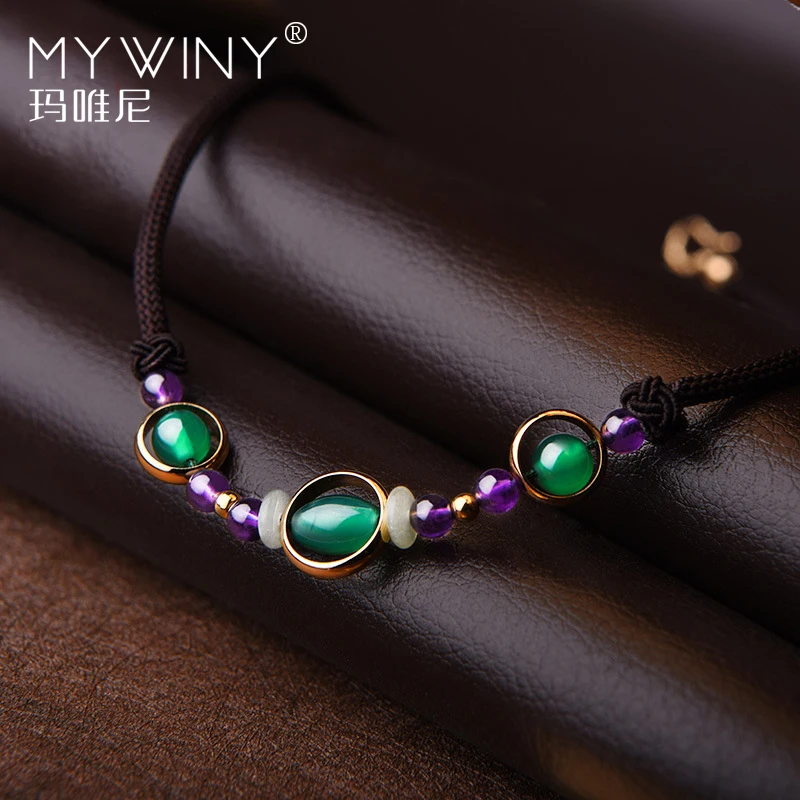 Ручная работа плетеное модное винтажное ожерелье с фиолетовыми стразами для женщин, новое этническое ожерелье-воротник, ожерелья из камня зеленого цвета