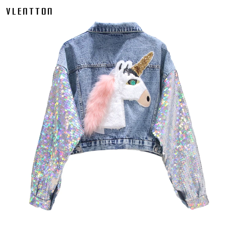 

2019 New Sequin Denim Jacket Women Street style Pattern Short Jean jacket Loose Long sleeve Spring autumn feminine coat Overcoat