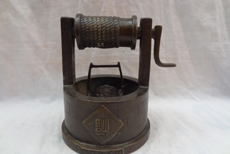 

S5009 China Chinese Pure Bronze Wealth YuanBao Fu Barrel In Old Style Wang Well Statue D0317