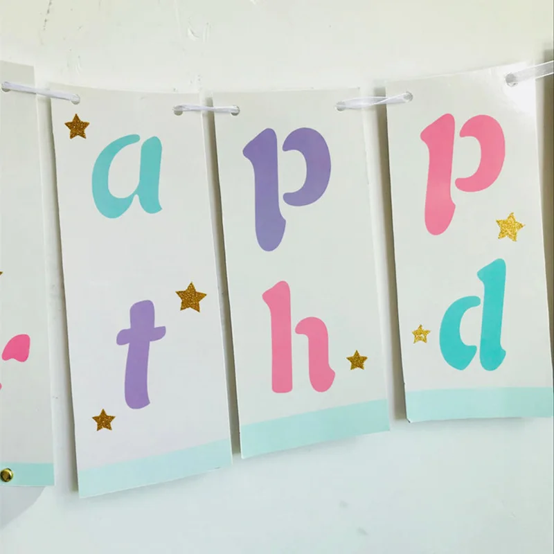 1pc Cartoon Unicorn Happy Birthday Banner Party Paper Flags  For Kids Birthday Decoration Party Supplies