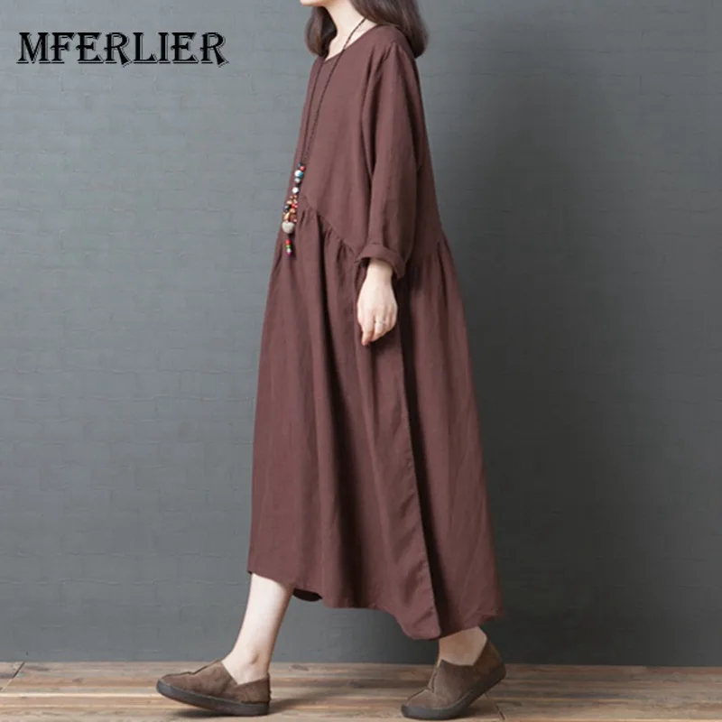 Mferlier النساء اللباس يا الرقبة الدانتيل احتياطي طويلة الأكمام غير النظامية عالية الخصر السيدات فضفاض عارضة بسيطة الخريف اللباس