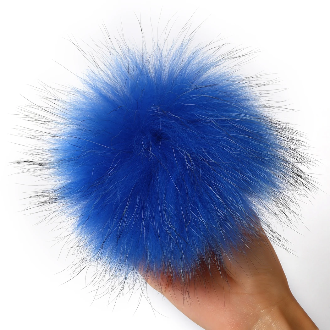 Зимняя шапка Меховые помпоны настоящий природный енот меховой шар цепь с кнопкой шапка перчатки шарфы сумка помпоны из лисьего меха аксессуар-брелок - Цвет: 13cm blue