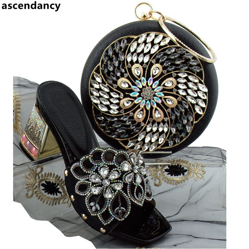 

New Arrival African Shoes and Bag Set for Party Italian Nigerian Style Shoes and Bag Set Decorated with Rhinestone Designer Shoe