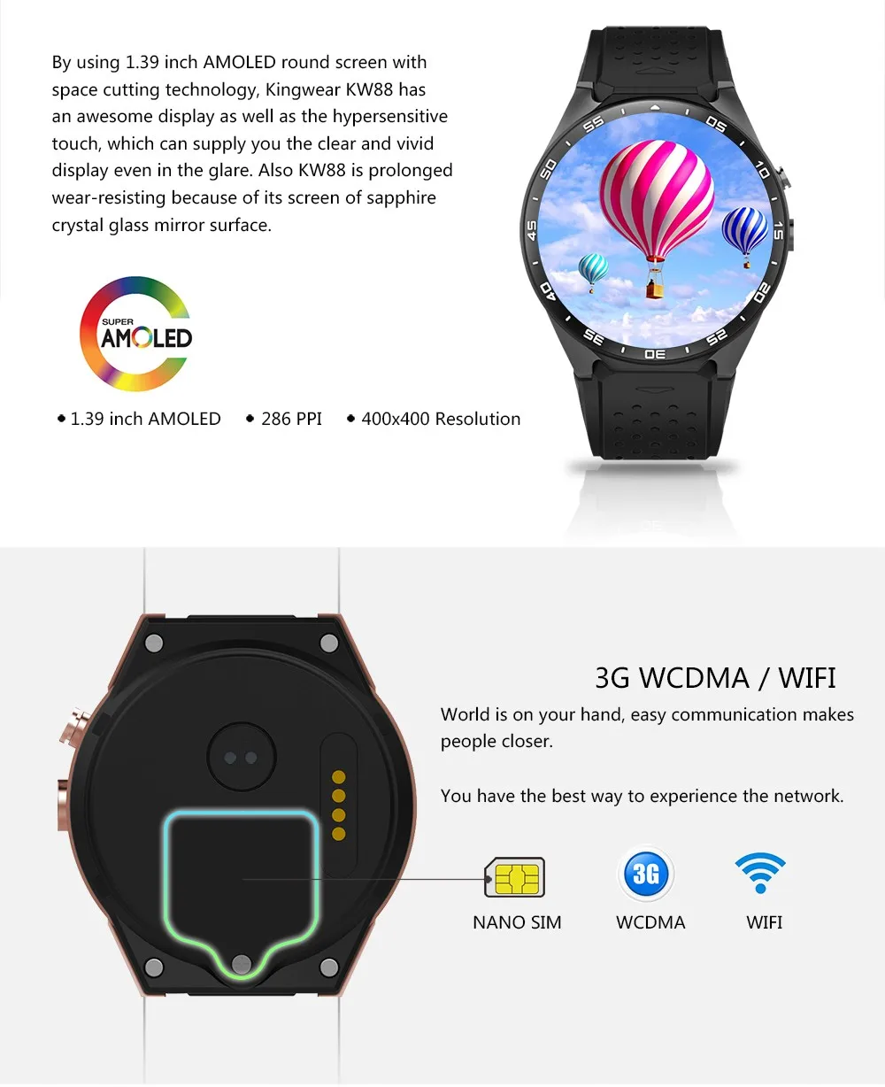 100% Original KW88 Android 5.1 OS Smart Watch Android 1.39 inch MTK6580 SmartWatch phone support 3G wifi nano SIM WCDMA