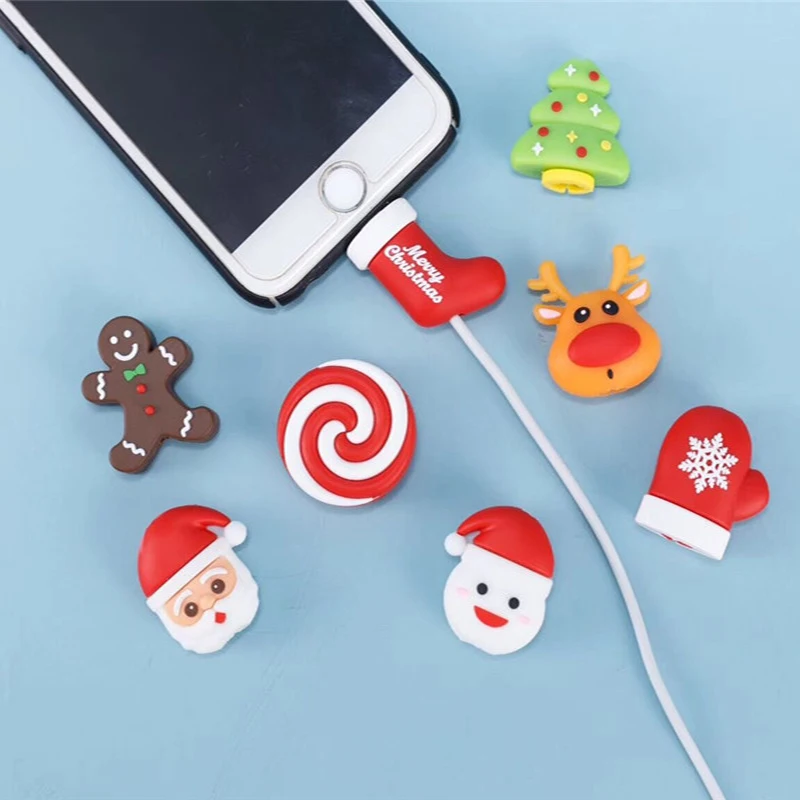 

Christmas Cable Bite Protector For iPhone XS MAX XR For Oneplus 6T Case Universal USB Protector Cute Deer Cable Bite Snowman Toy