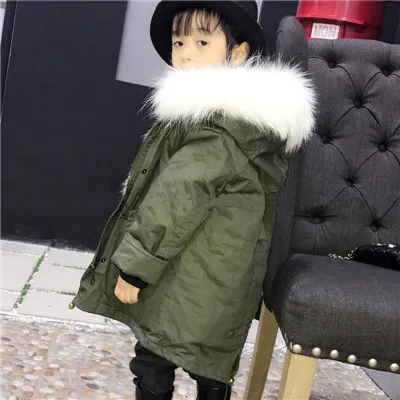 ArmyGreen/зимнее Детское пальто с подкладкой из лисьего меха; яркие теплые толстые парки для маленьких мальчиков и девочек; детская куртка с воротником из меха енота - Цвет: M