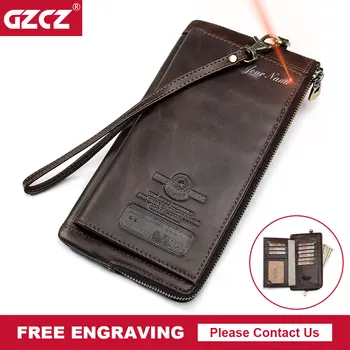 

GZCZ Men Wallet Clutch Genuine Leather Brand Rfid Wallets Male Organizer Cell Phone Clutch Bag Long Coin Purse Free Engraving